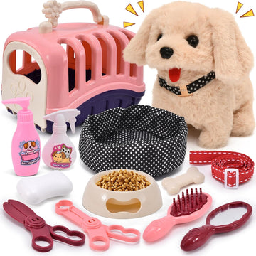 G.C Interactive Walking Plush Dog Toy Playset 13 Pieces Barking Electronic Puppy with Carrier for Girls Ages 3 to 6